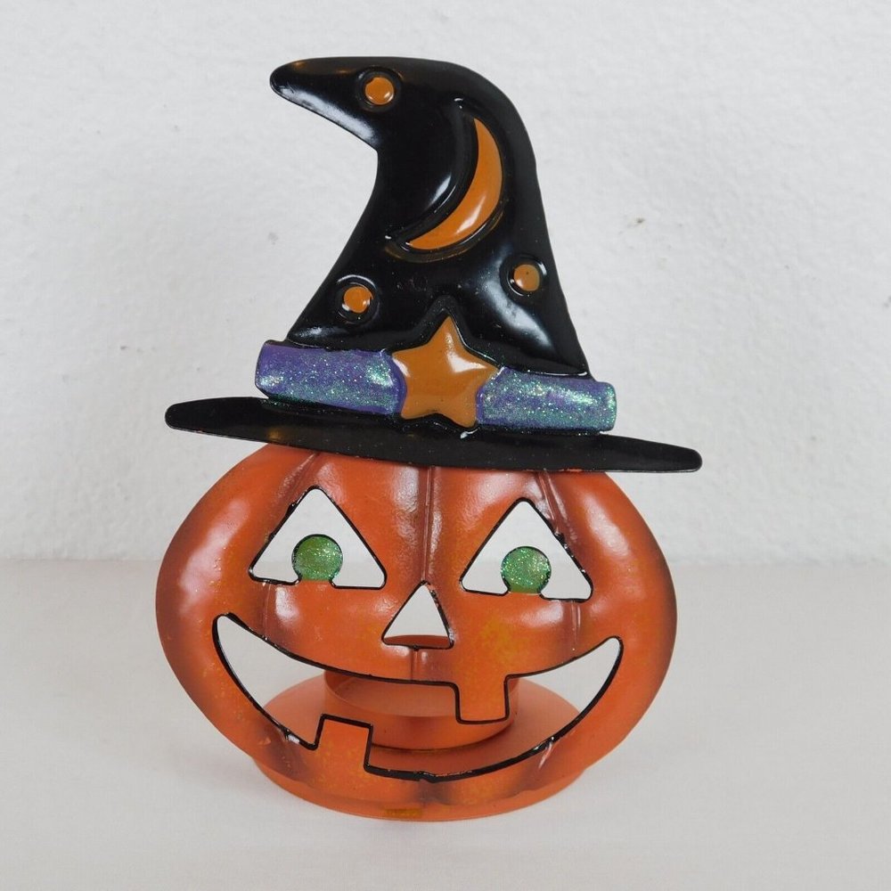 Halloween Jack O Lantern Pumpkin Tea Light Candle Holder Metal Witches Hat Decor
